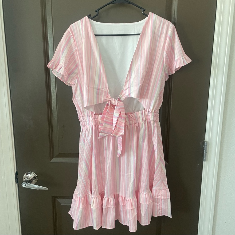 Pink White Striped Mini Dress Tie Front Ruffles Size Large
